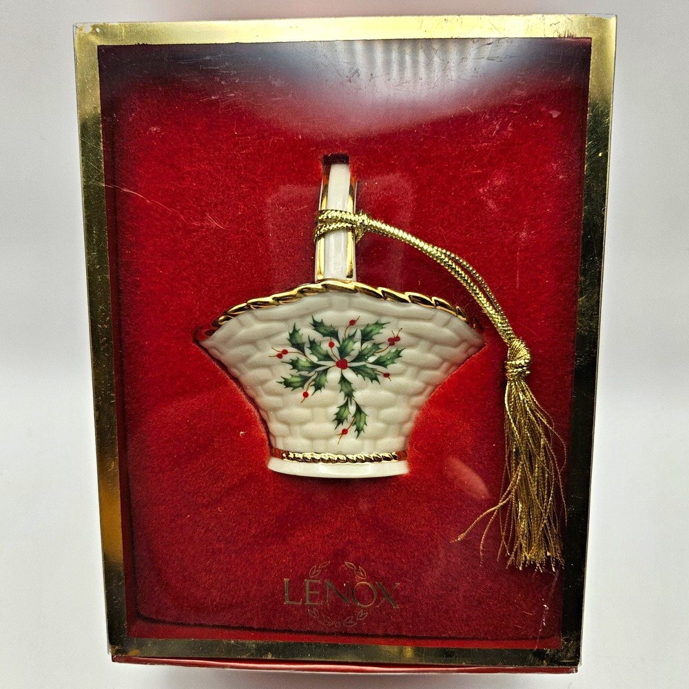Lenox Porcelain Holly Basket Christmas Ornament Handmade Thailand